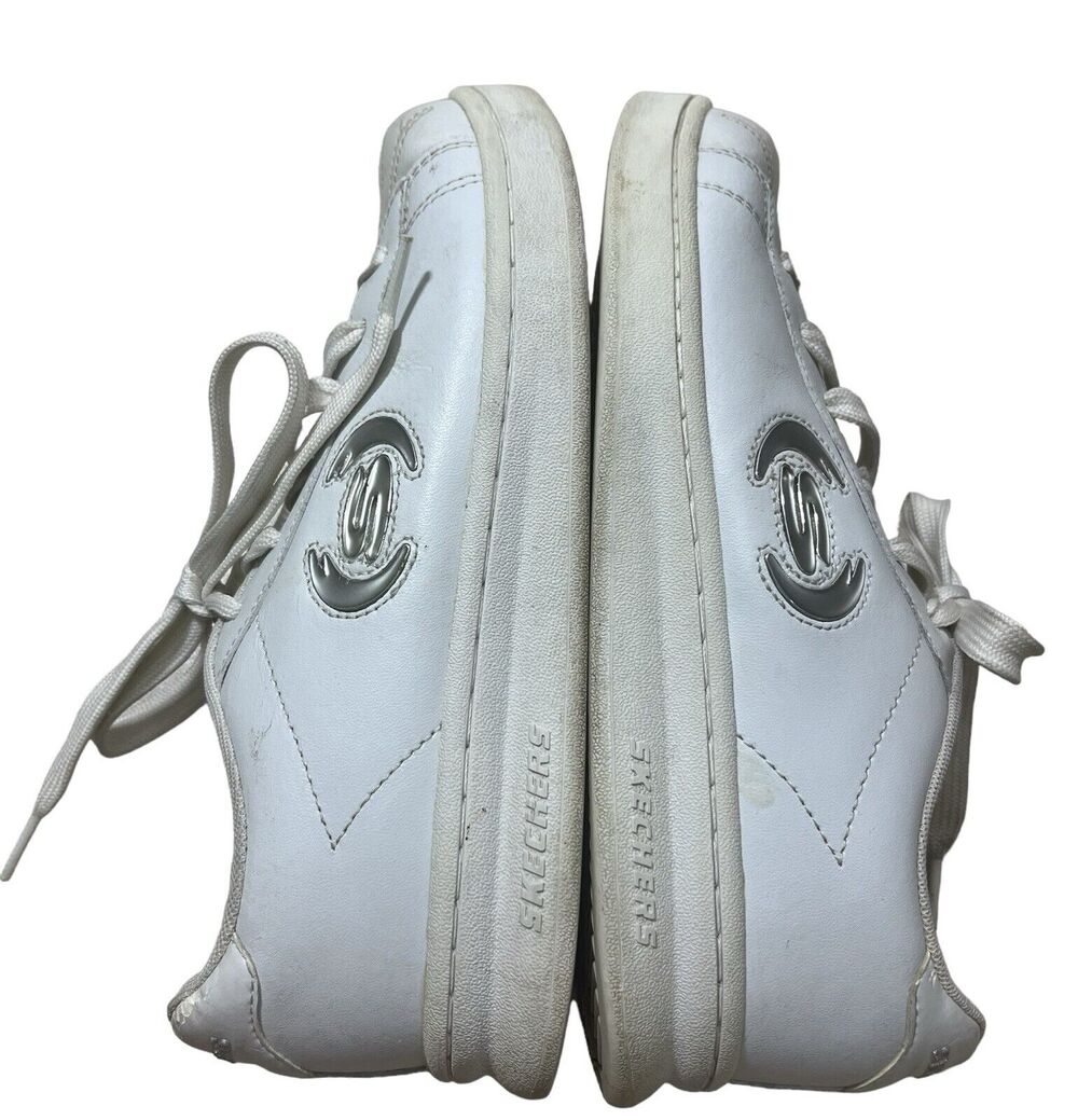 Vtg Skechers White Sneakers 10 Leather Silver Logo Y2k 1990s Shoes WSL Lace up